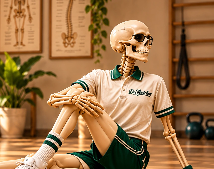 Skeleton character in white and green sportswear demonstrating a seated spinal twist