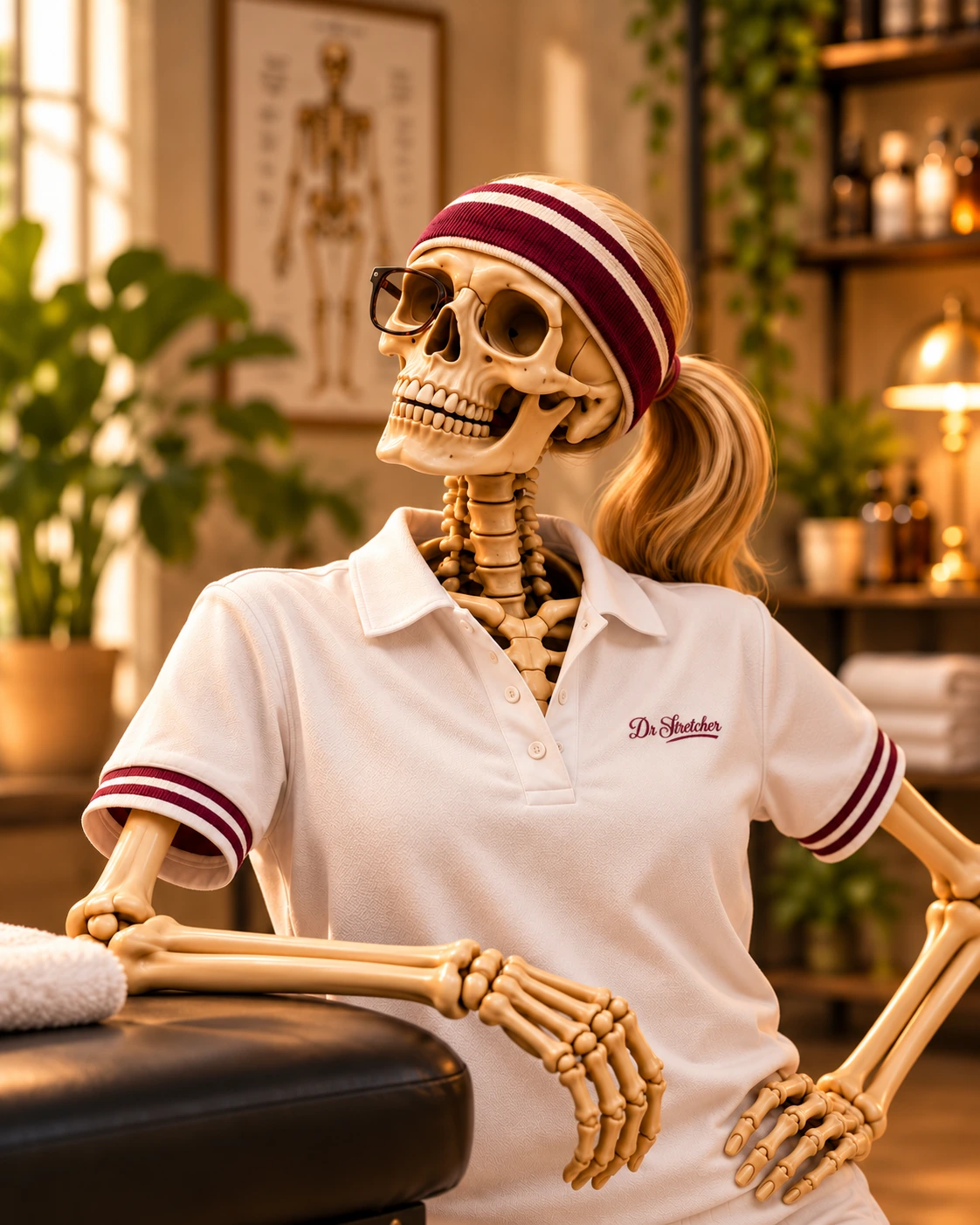 Sam skeleton stretch specialist with burgundy headband