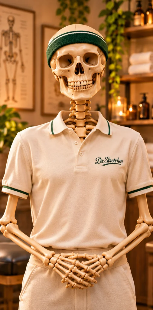 Illustrated Dr Stretcher brand character Riley in the warm wellness studio