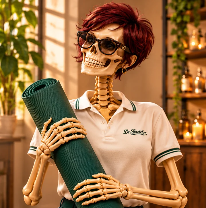Illustrated Dr Stretcher brand character Mika in the warm wellness studio
