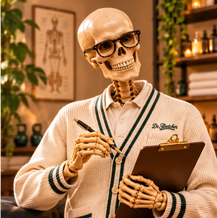 Illustrated Dr Stretcher brand character Charlie in the warm wellness studio